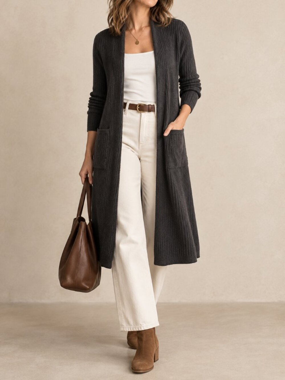 Theory Espresso Brown Ribbed Wool Longline Cardigan Size S